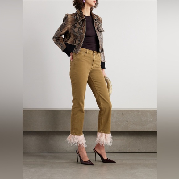 La DoubleJ Brown Jeans with Pink Feather Trim - Picture 1 of 7